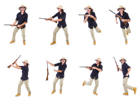 Funny hunter wearing safari hatの写真素材