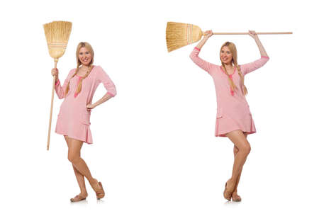 Housewife doing home cleaning isolated on whiteの写真素材