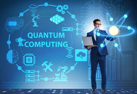 Businessman pressing virtual button in quantum computing conceptの写真素材