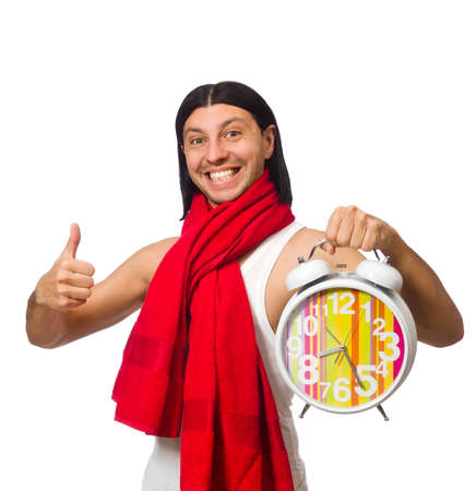 Funny man waking up in the morning on whiteの写真素材