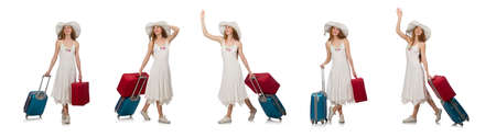 Woman in travelling concept on whiteの写真素材