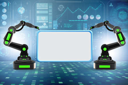 Blank poster supported by the robotic armsの写真素材