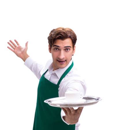 Young waiter isolated on white backgroundの写真素材