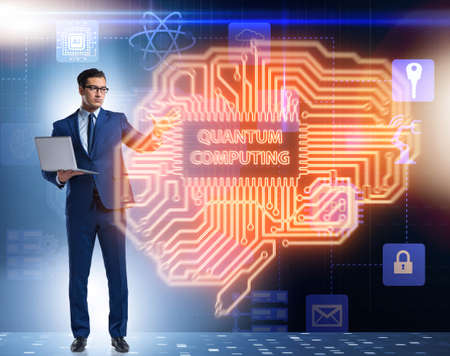 Businessman pressing virtual button in quantum computing concept