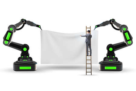 Business people and blank poster supported by the robotic arms