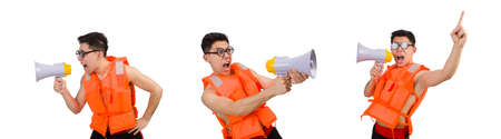 Funny man wearing vest with loudspeakerの写真素材