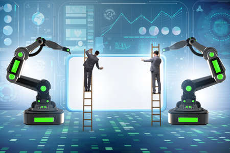 Business people and blank poster supported by robotic arms