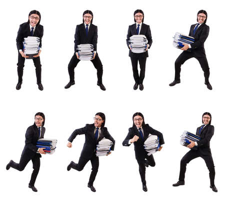 Funny man with lots of papers on whiteの写真素材