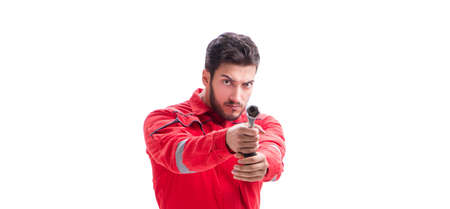 Funny automobile mechanic with wrench isolated on whiteの写真素材