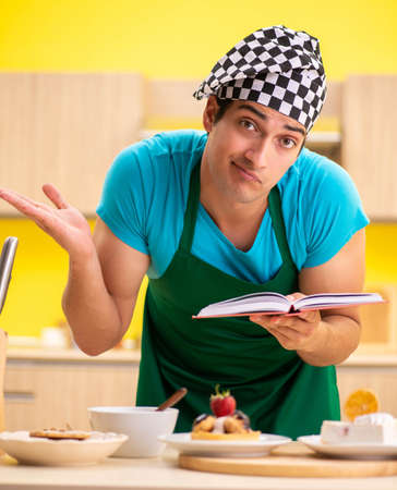 Man cook preparing cake in kitchen at home
