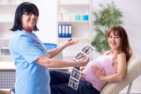 Young pregnant woman visiting experienced doctor gynecologistの写真素材