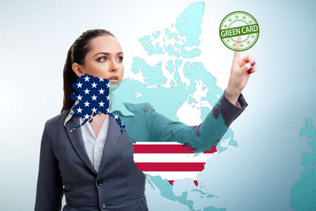 Concept of immigration to USA with virtual button pressingの写真素材