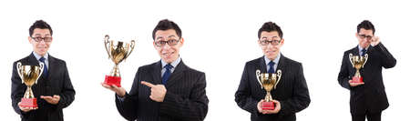 Funny guy receiving award on whiteの写真素材