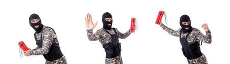 Soldier with dynamite isolated on white