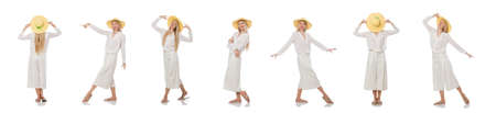 Blond hair model in elegant flared pants isolated on whiteの写真素材