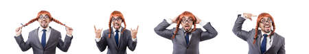 Funny businessman with female wig isolated on whiteの写真素材