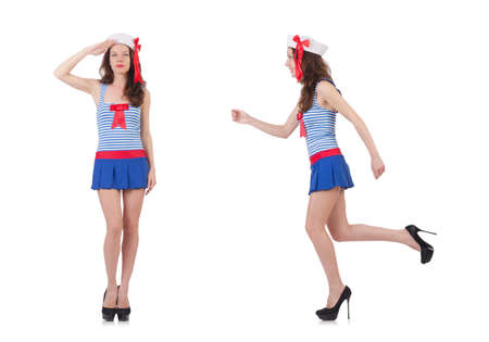 Young airhostess saluting isolated on whiteの写真素材