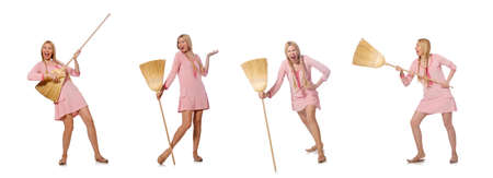 The housewife doing home cleaning isolated on whiteの写真素材