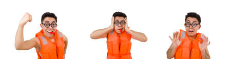 Funny man wearing orange safety vest