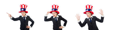 Young woman with american symbols on whiteの写真素材