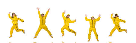 Woman in yellow suit isolated on white