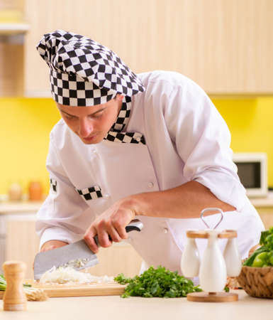 Young professional cook preparing salad at kitchenの写真素材