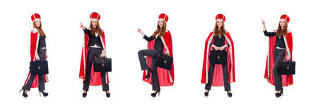 Woman business posing as queen isolated on whiteの写真素材