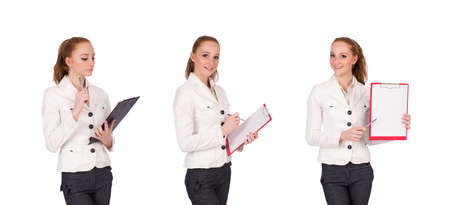 Red hair girl holding paper isolated on whiteの写真素材