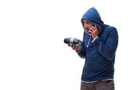 Young drug courier isolated on whiteの写真素材