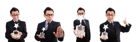 Funny guy receiving award on whiteの写真素材