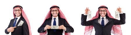 Arab businessman in eyeglasses with dollar isolated on whiteの写真素材