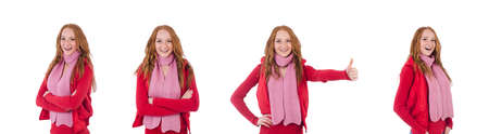 Cute smiling girl in red jacket and jeans isolated on whiteの写真素材