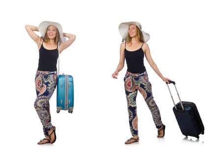 Woman ready for summer travel isolated on whiteの写真素材
