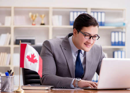 Businessman with Canadian flag in officeの写真素材