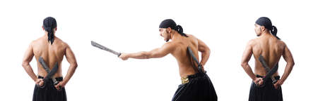 Man in pirate costume in halloween conceptの写真素材