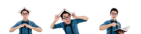 Funny student with books on whiteの写真素材