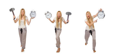 Woman with clock isolated on whiteの写真素材