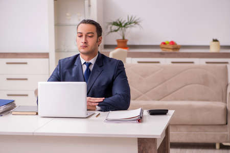 Young male employee working at home during pandemic diseaseの写真素材