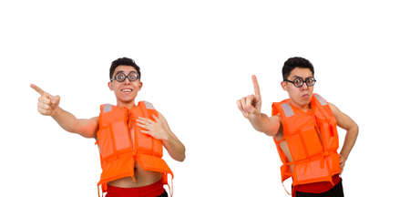 Funny man wearing orange safety vestの写真素材