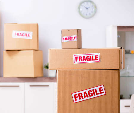 Transportation contractor with fragile boxesの写真素材