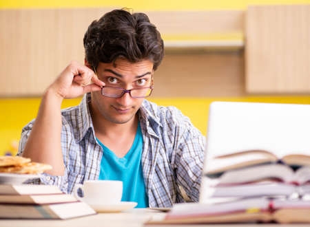 Student preparing for exam sitting at the kitchenの写真素材