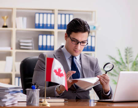 Businessman with Canadian flag in officeの写真素材
