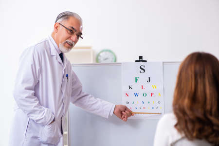 Young woman visiting old male doctor ophthalmologist