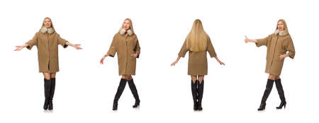 Blond hair girl in coat isolated on whiteの写真素材