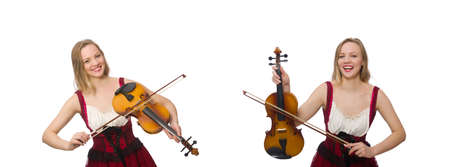 Young violin player isolated on whiteの写真素材