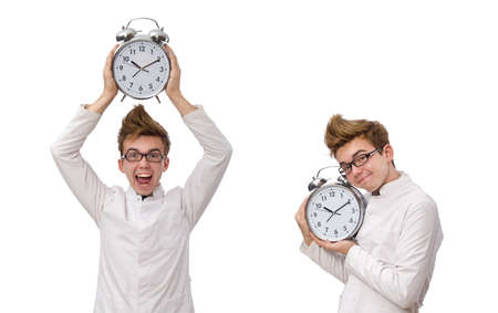 Funny doctor with alarm clock isolated on white