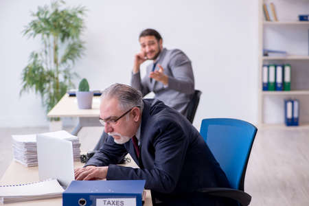 Old boss and his young assistant working in the officeの写真素材