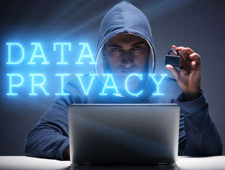 Data privacy concept with hacker stealing personal information