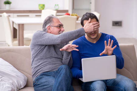 Father and son sitting on the sofa with computer