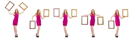 Woman with picture frame on white
